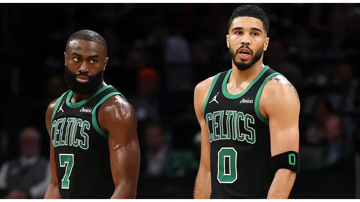 Jayson Tatum #0 of the Boston Celtics and Jaylen Brown #7 look on in Game Five of the Eastern Conference First Round NBA Playoffs against the Orlando Magic at TD Garden on April 29, 2025 in Boston, Massachusetts.