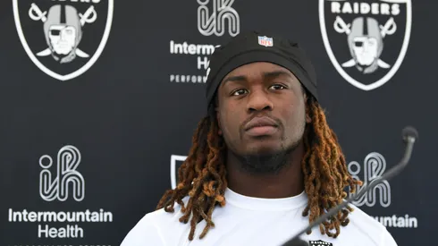 Ashton Jeanty #2 of the Las Vegas Raiders speaks to the media after the rookie minicamp at Intermountain Health Performance Center on May 09, 2025 in Henderson, Nevada.