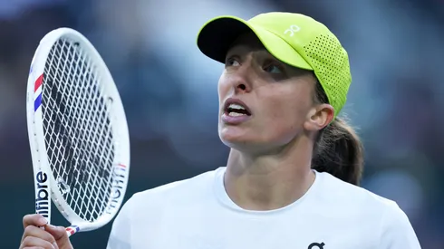 Iga Swiatek of Poland shows her frustration to the umpire during her three set defeat against Mirra Andreeva in their Indian Wells match.