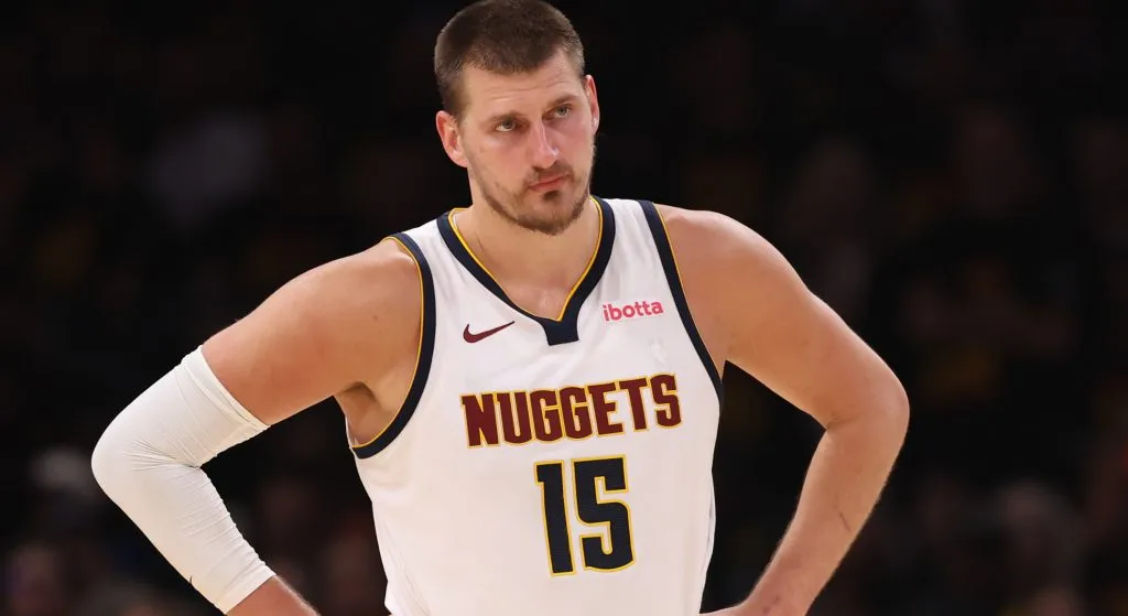 Nikola Jokic look down in a Denver Nuggets game