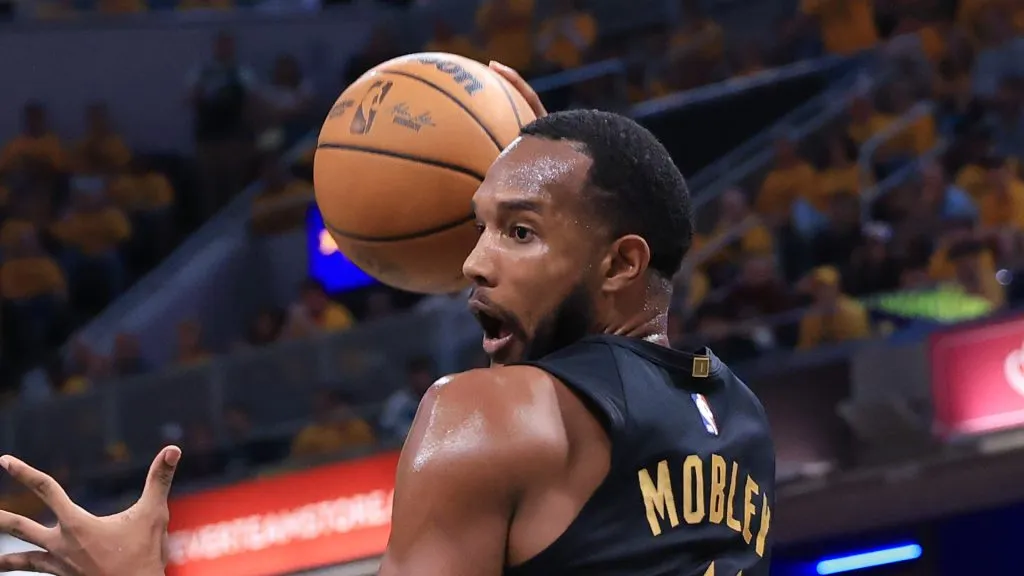 Evan Mobley #4 of the Cleveland Cavaliers makes a move on Bennedict Mathurin #00 of the Indiana Pacers during the first quarter of game three of the Eastern Conference Semifinals