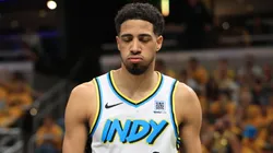 Tyrese Haliburton #0 of the Indiana Pacers reacts during the second quarter against the Milwaukee Bucks of Game 5 of the 2025 NBA Playoffs.