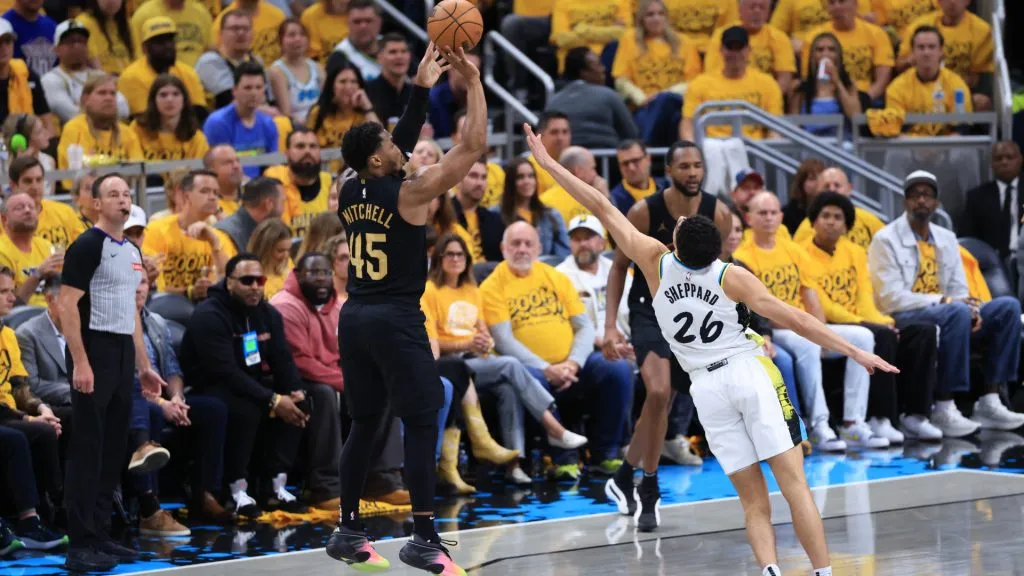 Donovan Mitchell #45 of the Cleveland Cavaliers takes a shot over Ben Sheppard #26 of the Indiana Pacers during game three of the Eastern Conference Semifinals. (Justin Casterline/Getty Images)