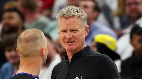 Head coach Steve Kerr of the Golden State Warriors reacts to referee Tyler Ford #39 in the second quarter of Game Two against the Minnesota Timberwolves