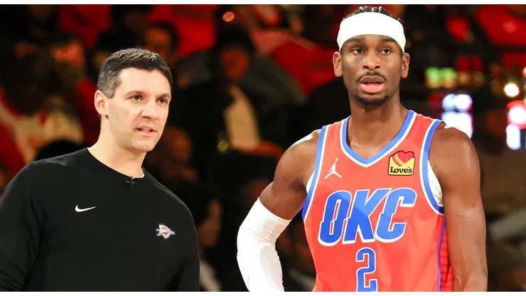 Head coach Mark Daigneault and Shai Gilgeous-Alexander #2 of the Oklahoma City Thunder talk in the second half of a semifinal game of the Emirates NBA Cup against the Houston Rockets at T-Mobile Arena on December 14, 2024 in Las Vegas, Nevada. The Thunder defeated the Rockets 111-96.