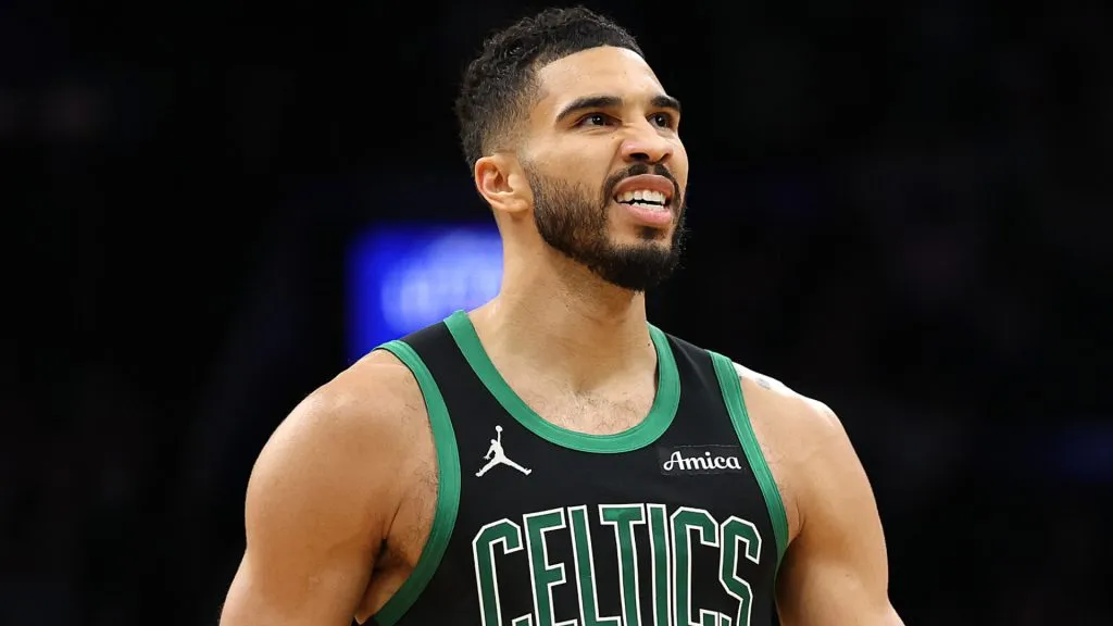 Jayson Tatum #0 of the Boston Celtics celebrates at the end of the third quarter in Game Five of the Eastern Conference First Round NBA Playoffs