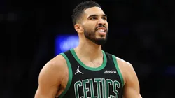 Jayson Tatum #0 of the Boston Celtics celebrates at the end of the third quarter in Game Five of the Eastern Conference First Round NBA Playoffs against the Orlando Magic.