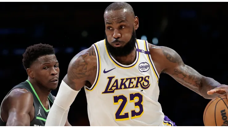 LeBron James #23 of the Los Angeles Lakers drives to the basket against Anthony Edwards #5 of the Minnesota Timberwolves during the first quarter in Game One of the Western Conference First Round NBA Playoffs at Crypto.com Arena on April 19, 2025 in Los Angeles, California.
