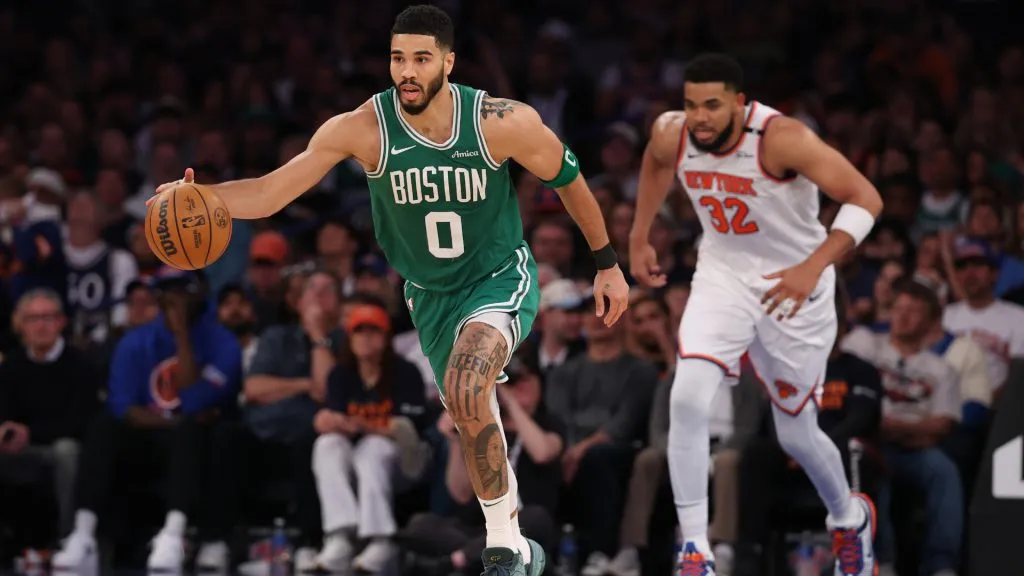 Jayson Tatum #0 of the Boston Celtics in action against the New York Knicks during game Three of the Eastern Conference Second Round NBA Playoffs. (Al Bello/Getty Images)
