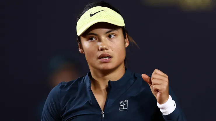 Emma Raducanu of Great Britain celebrates a point during her Women's Singles Round of 128 match against Maya Joint of Australia during the Rome Open.