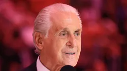 Pat Riley speaks during a ceremony celebrating his court dedication at Kaseya Center on October 23, 2024 in Miami, Florida