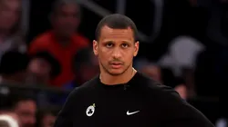 Head coach Joe Mazzulla of the Boston Celtics reacts against the New York Knicks during the second quarter in Game Three of the Eastern Conference Second Round NBA Playoffs