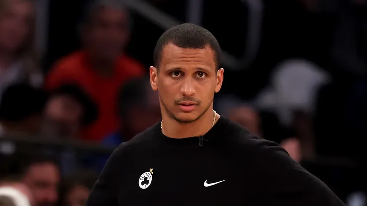 Head coach Joe Mazzulla of the Boston Celtics reacts against the New York Knicks during the second quarter in Game Three of the Eastern Conference Second Round NBA Playoffs