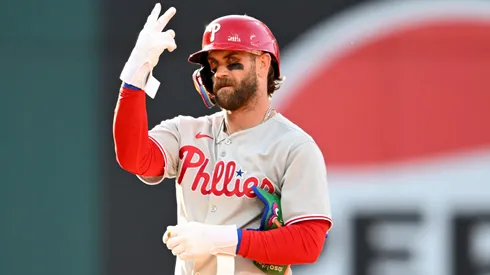 Bryce Harper #3 of the Philadelphia Phillies celebrates hitting a double during the fourth inning against the Cleveland Guardians at Progressive Field on May 10, 2025 in Cleveland, Ohio.