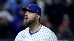 Tylor Megill #38 of the New York Mets reacts after the final out of the third inning against the Philadelphia Phillies at Citi Field on April 21, 2025 in the Flushing neighborhood of the Queens borough of New York City.