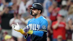 Kyle Schwarber #12 of the Philadelphia Phillies celebrates his solo home run in the seventh inning against the Arizona Diamondbacks during a game at Citizens Bank Park on May 02, 2025 in Philadelphia, Pennsylvania.