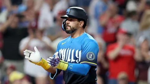 Kyle Schwarber #12 of the Philadelphia Phillies celebrates his solo home run in the seventh inning against the Arizona Diamondbacks during a game at Citizens Bank Park on May 02, 2025 in Philadelphia, Pennsylvania.