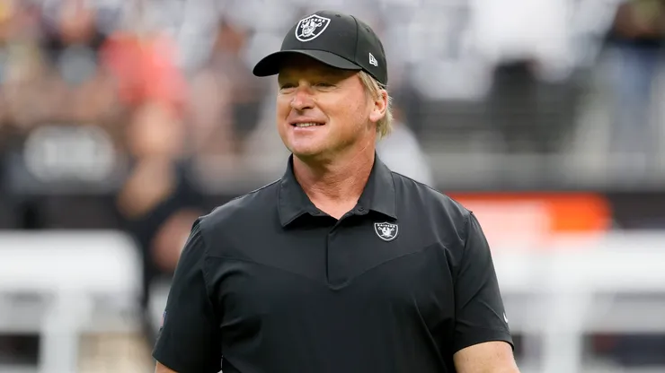Head coach John Gruden of the Las Vegas Raiders looks on before a game against the Chicago Bears at Allegiant Stadium on October 10, 2021 in Las Vegas, Nevada.