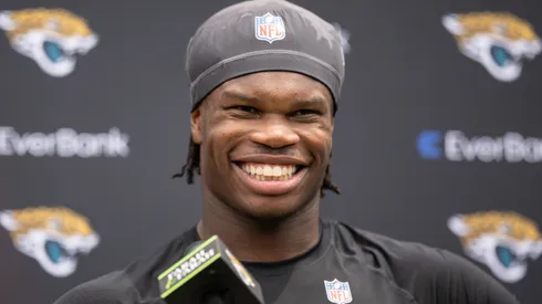 Travis Hunter #12 of the Jacksonville Jaguars speaks to the Media during Jacksonville Jaguars Rookie Minicamp at Miller Electric Center on May 10, 2025 in Jacksonville, Florida.
