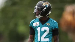 Travis Hunter #12 of the Jacksonville Jaguars runs looks on during Jacksonville Jaguars Rookie Minicamp at Miller Electric Center on May 10, 2025 in Jacksonville, Florida.