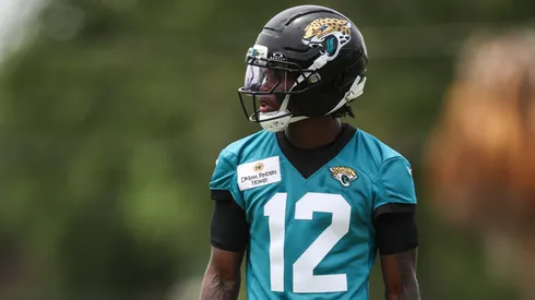 Travis Hunter #12 of the Jacksonville Jaguars runs looks on during Jacksonville Jaguars Rookie Minicamp at Miller Electric Center on May 10, 2025 in Jacksonville, Florida.