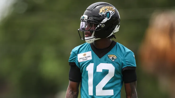 Travis Hunter #12 of the Jacksonville Jaguars runs looks on during Jacksonville Jaguars Rookie Minicamp at Miller Electric Center on May 10, 2025 in Jacksonville, Florida.
