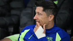 Robert Lewandowski of FC Barcelona looks on from the bench during the UEFA Champions League 2024/25 Semi Final Second Leg match between FC Internazionale Milano and FC Barcelona at Giuseppe Meazza Stadium on May 06, 2025 in Milan, Italy.