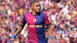 Raphinha of FC Barcelona celebrates scoring his team's third goal with teammate Ferran Torres during the LaLiga match between FC Barcelona and Real Madrid CF at Estadi Olimpic Lluis Companys on May 11, 2025 in Barcelona, Spain.