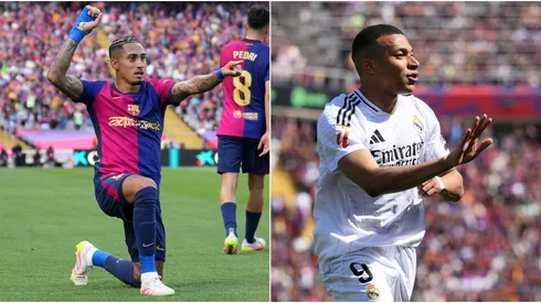 Raphinha and Kylian Mbappe celebrating their goals in the Clasico