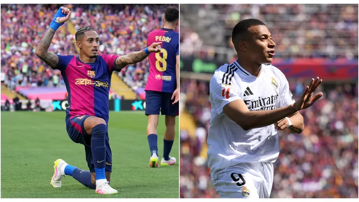 Raphinha and Kylian Mbappe celebrating their goals in the Clasico