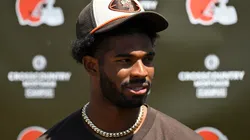 Shedeur Sanders #12 of the Cleveland Browns answers questions from the media during a press conference prior to rookie minicamp at CrossCountry Mortgage Campus on May 10, 2025 in Berea, Ohio.