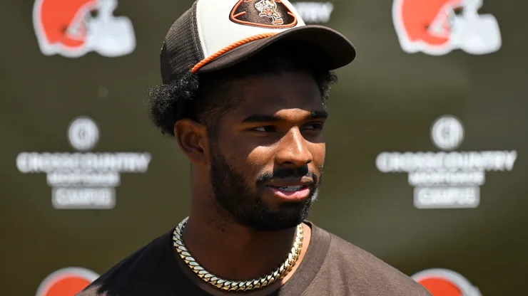 Shedeur Sanders #12 of the Cleveland Browns answers questions from the media during a press conference prior to rookie minicamp at CrossCountry Mortgage Campus on May 10, 2025 in Berea, Ohio.