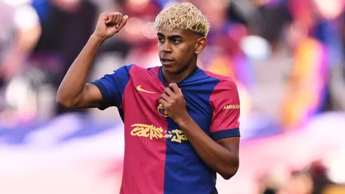 Lamine Yamal of FC Barcelona celebrates scoring his team's second goal during the LaLiga match between FC Barcelona and Real Madrid CF at Estadi Olimpic Lluis Companys on May 11, 2025 in Barcelona, Spain.