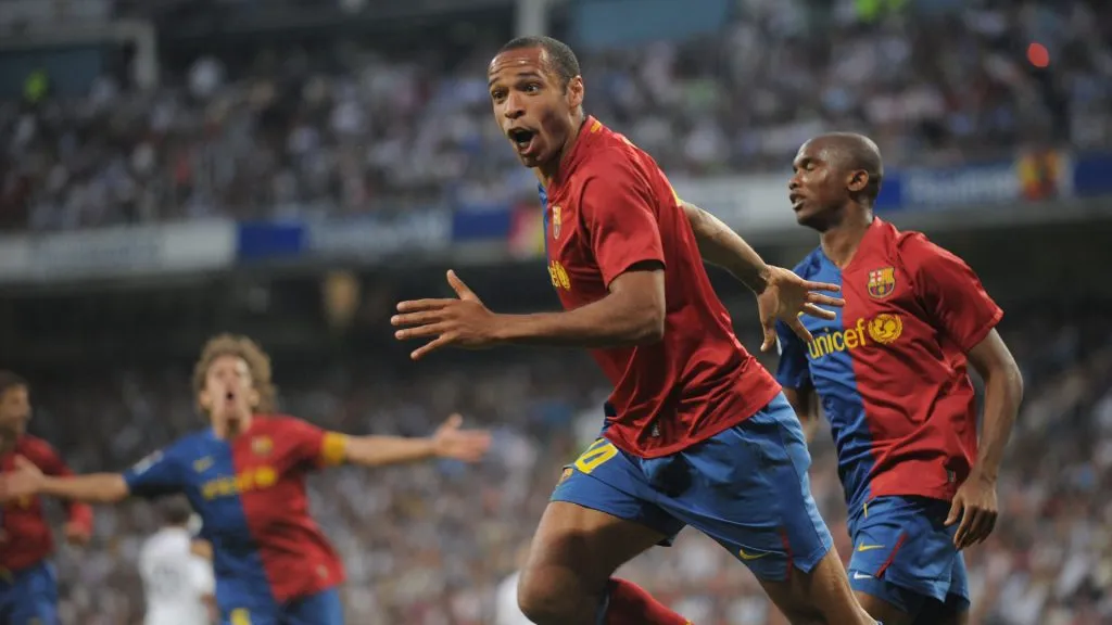 Thierry Henry celebrates during Barcelona’s 2-6 win at Santiago Bernabeu in 2009 (Denis Doyle/Getty Images)