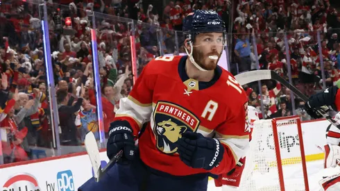 Matthew Tkachuk #19 of the Florida Panthers scores a first period goal against the Carolina Hurricanes in Game Four of the Eastern Conference Finals of the 2023 Stanley Cup Playoffs at FLA Live Arena on May 24, 2023 in Sunrise, Florida.