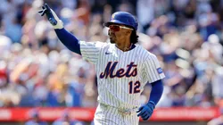 Francisco Lindor #12 of the New York Mets reacts after his eighth inning home run against the Chicago Cubs at Citi Field on May 11, 2025 in New York City.
