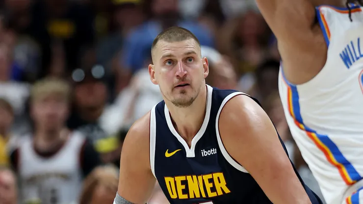 Nikola Jokic #15 of the Denver Nuggets defends against Jaylin Williams #6 of the Oklahoma City Thunder during the second quarter in Game Four of the Western Conference Second Round NBA Playoffs
