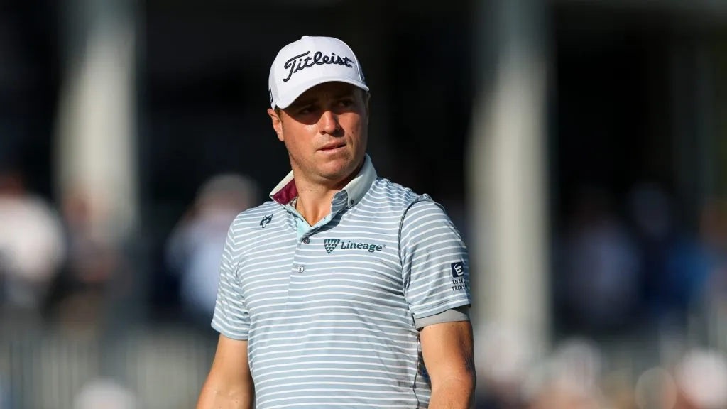 Justin Thomas reacts after making a birdie on the 18th hole during the third round of the Truist Championship 2025 at The Wissahickon at Philadelphia Cricket Club on May 10, 2025 in Flourtown, Pennsylvania.