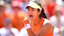 Emma Raducanu celebrates during her Round of 32 match at the Italian Open