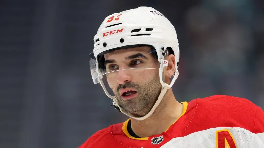 Nazem Kadri #91 of the Calgary Flames looks on during the first period against the Seattle Kraken at Climate Pledge Arena on February 02, 2025 in Seattle, Washington.