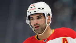 Nazem Kadri #91 of the Calgary Flames looks on during the first period against the Seattle Kraken at Climate Pledge Arena on February 02, 2025 in Seattle, Washington.