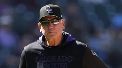 Manager Bud Black #10 of the Colorado Rockies visits the mound against the Milwaukee Brewers in the eighth inning at Coors Field on April 10, 2025 in Denver, Colorado.
