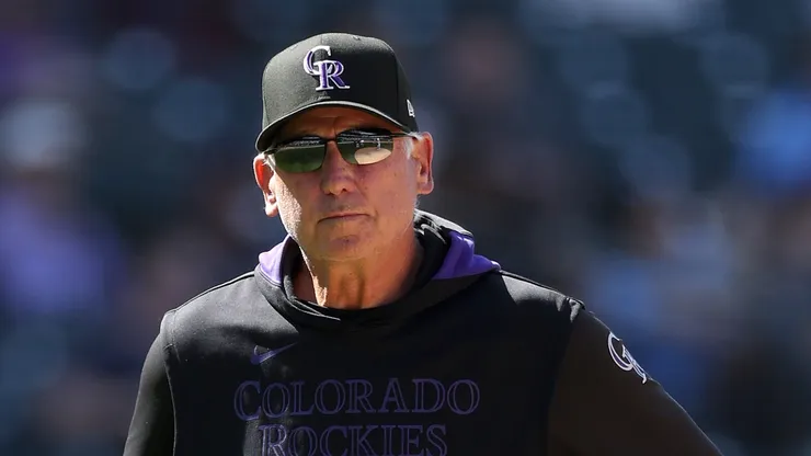Manager Bud Black #10 of the Colorado Rockies visits the mound against the Milwaukee Brewers in the eighth inning at Coors Field on April 10, 2025 in Denver, Colorado.