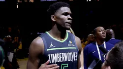 Anthony Edwards #5 of the Minnesota Timberwolves reacts after defeating the Golden State Warriors in Game Three of the Western Conference Second Round NBA Playoffs at Chase Center on May 10, 2025 in San Francisco, California.