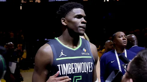 Anthony Edwards #5 of the Minnesota Timberwolves reacts after defeating the Golden State Warriors in Game Three of the Western Conference Second Round NBA Playoffs at Chase Center on May 10, 2025 in San Francisco, California.