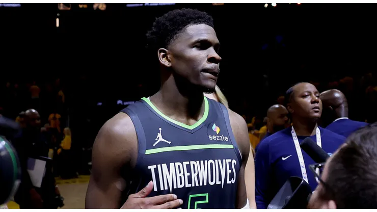 Anthony Edwards #5 of the Minnesota Timberwolves reacts after defeating the Golden State Warriors in Game Three of the Western Conference Second Round NBA Playoffs at Chase Center on May 10, 2025 in San Francisco, California.