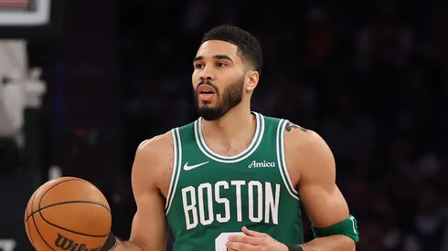 Jayson Tatum #0 of the Boston Celtics in action against the New York Knicks during game Three of the Eastern Conference Second Round NBA Playoffs