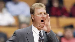 Head coach Larry Bird of the Indiana Pacers calls out during a game against the New Jersey Nets