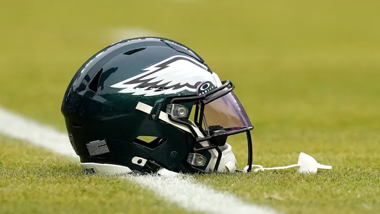 A detailed view of a Philadelphia Eagles helmet before the game against the Los Angeles Rams during the NFC Divisional Playoff at Lincoln Financial Field on January 19, 2025 in Philadelphia, Pennsylvania.