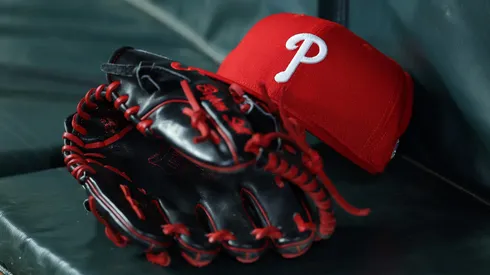 A detailed view of the hat and glove of Bryson Stott #5 of the Philadelphia Phillies in the seventh inning against the Atlanta Braves at Truist Park on April 08, 2025 in Atlanta, Georgia.